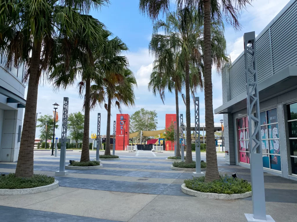 The exterior of Boxi Park, a group of shipping containers that make up an outdoor restaurant, bar and entertainment venue in Lake Nona in Orlando, FL